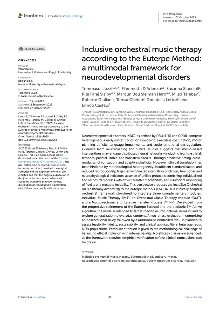 Cover Inclusive orchestral music therapy according to the Euterpe Method: A multimodal framework for neurodevelopmental disorders. Frontiers in Neurology, 16, 1612955