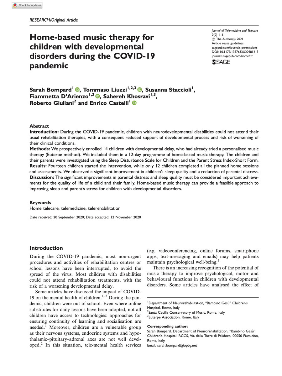 Cover Home-based music therapy for children with developmental disorders during the COVID-19 pandemic. Journal of telemedicine and telecare, 29(3), 211–216