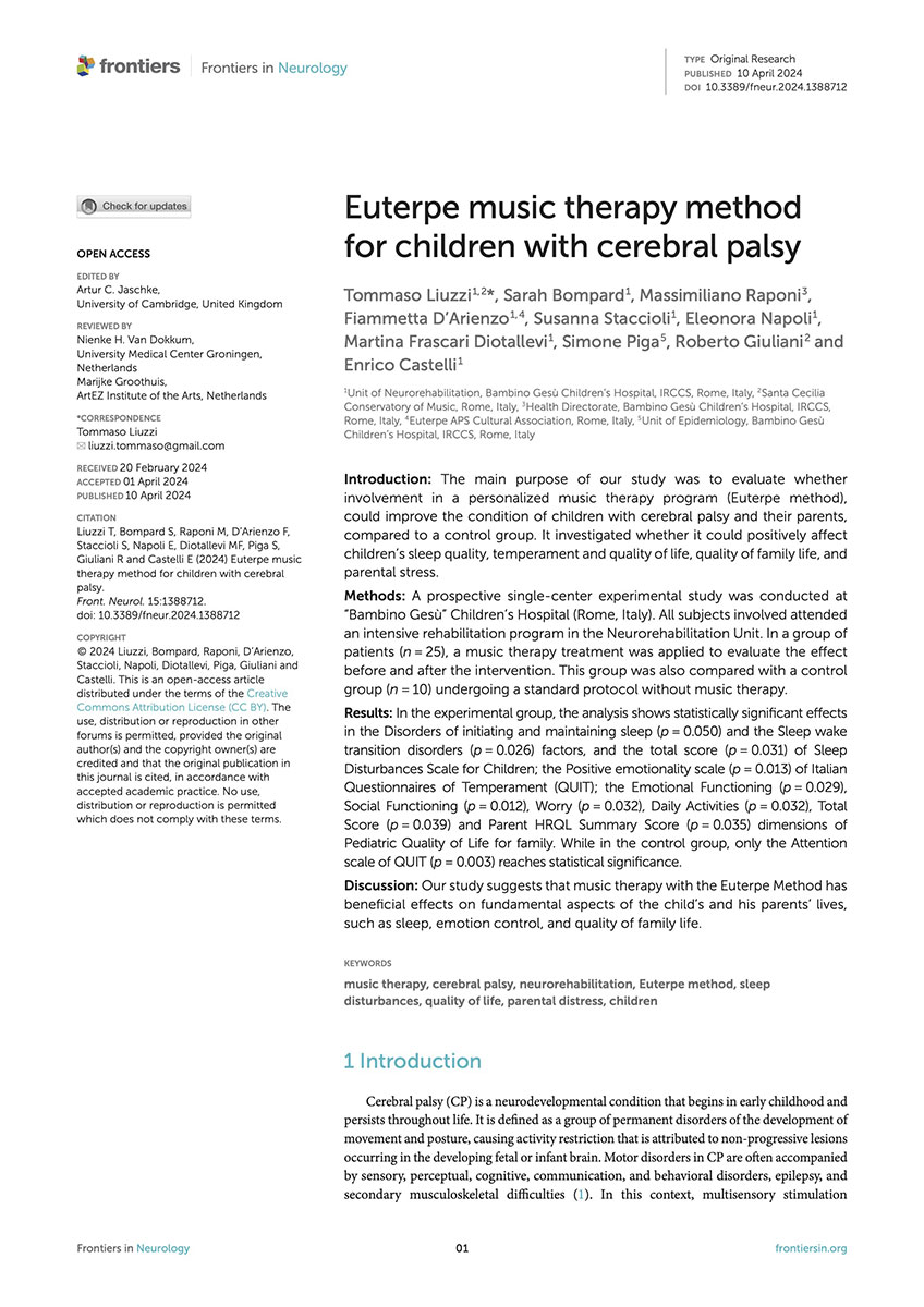 Cover Euterpe music therapy method for children with cerebral palsy. Frontiers in neurology, 15, 1388712